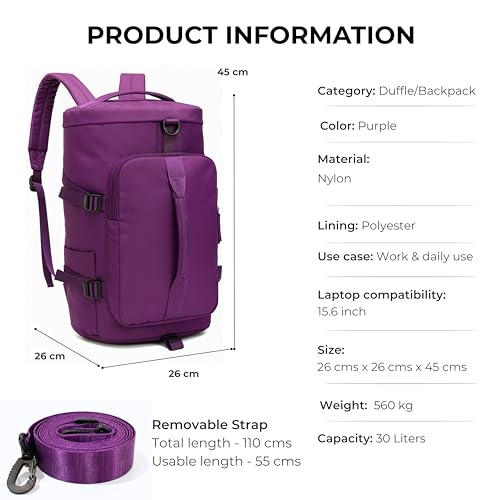 Image of POPCUBE 2in1 Nylon 26cm Lightweight Waterproof Backpack Duffle Bag with Shoulder Straps, Small Rucksack Travel Bag for Men & Women with Wet Pocket & Shoe Compartment(45x26x26cm) (Purple)
