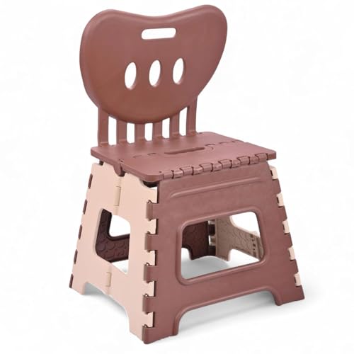 Image of A to Z Hub Folding Plastic Chair with Backrest for Kids & Adults | Portable, Lightweight, Durable Step Stool Seat | Space Saving, Easy to Carry, Indoor Outdoor Multipurpose Chair Brown (Brown)