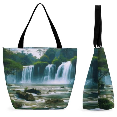 Women Tote Bags with Handles Waterfall Scenery Shoulder Bag with Zipper Handbags Shopping Bags Travel Bag Beach Bag Reusable Grocery Bag for Swim Holiday Gift