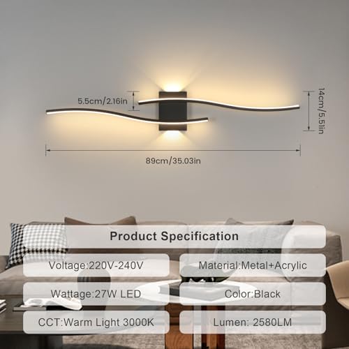 DELIPOP Applique da Parete Interno LED, 27 W Applique Lunga Moderna, Luci da Parete Nere per Soggiorno Camera da Letto Scala, Lungo 89 CM, Bianco Caldo 3000 K