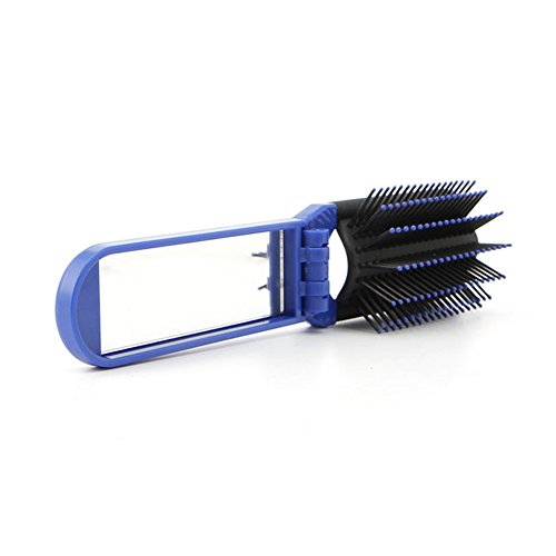 Portable Folding Hair Brush with Mirror Compact Pocket Size Massage Comb (Blue)