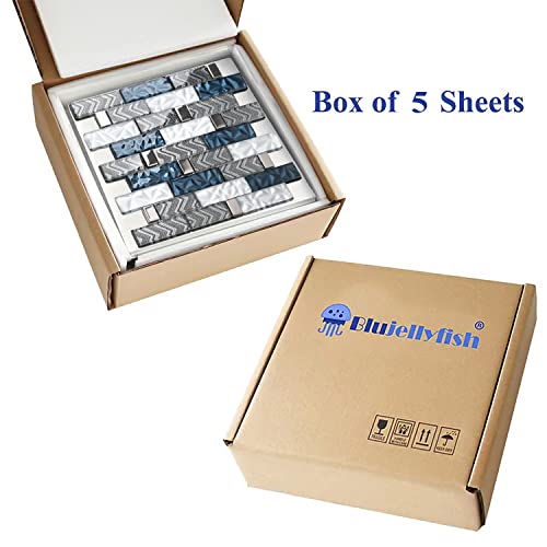 Blujellyfish Subway Glass Backsplash Tile Blue Silver White Mosaic Sheet Mesh Mounted Metallic Textured Interlocking 3D Tile For Kitchen Bathroom Walls Nb35B (Pack Of 5 Sheets) #TOP4
