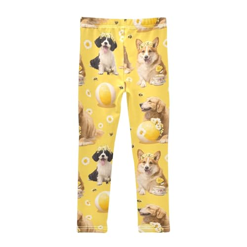 Floral Dog Ball Yellow Girls Leggings Ultra Soft Compression Yoga Gym Pants for Kids 4-10T2