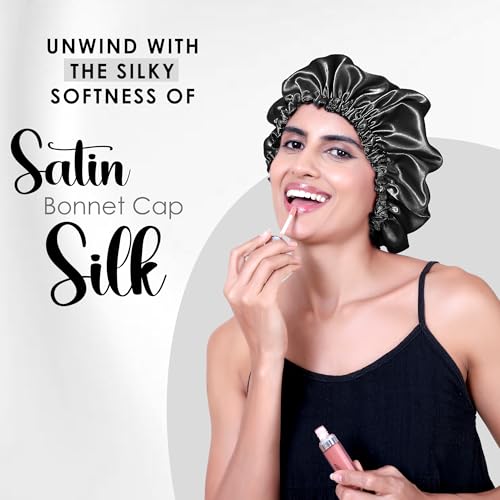 Image of GLUN Hair Bonnet Cap with 3 Satin Scrunchies Black Colour Combo, Soft Satin Cloth Bonnet Cap Prevents Hair Breakage, Sleep Cap for Frizz Control & Moisture Retention, Ideal for Curly & Natural Hair