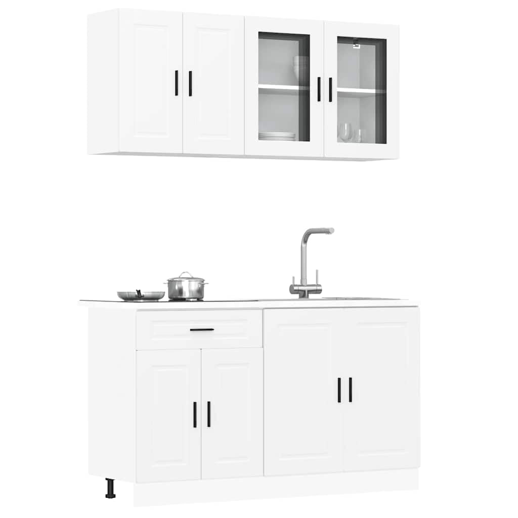 Mobile da cucina Porto bianco, set di 4 mobili da cucina moderni in legno, mobili da cucina compatti per riporre oggetti, include mobiletto sottolavello e pensili con anta in vetro