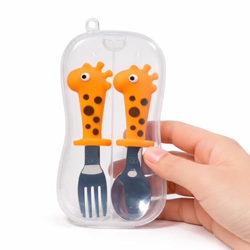 Image of Baby Spoon and Fork Set, Yellow Silicone Toddler Cutlery Set with Giraffe Grip, 2 Pc, Self Feeding Utensils for Baby Meals School and Travel, Mealtime Essential