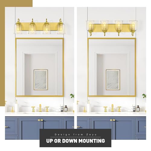 Image of zeyu 4-Light Brushed Gold Vanity Light, Modern Wall Sconces for Mirror Kitchen Bedroom, Bathroom Wall Lights with Clear Glass Shade, ZSL72B-4W BG