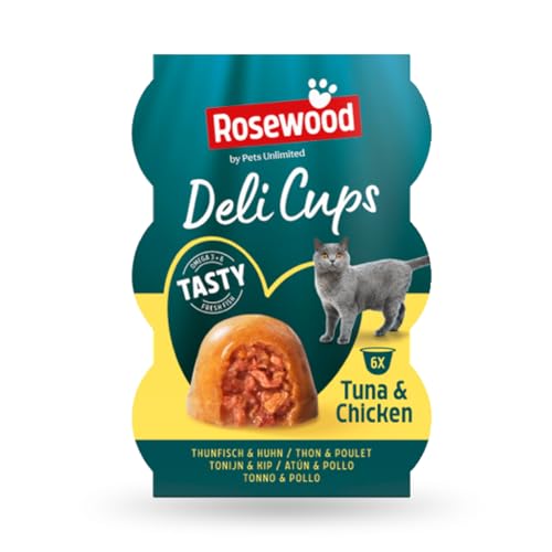 Rosewood Deli Cups Atún y Pollo - Bocadillo suave para gatos con atún y pollo, ingredientes naturales, ácidos grasos omega-3 y omega-6, sin sal ni azúcar, sin aditivos artificiales, 6 x 22 g