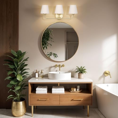 Image of Kenroy Home Roberts Brushed Gold 3-Light Bathroom Vanity Light with Opal Glass Shades for Contemporary, Transitional, or Modern Farmhouse Bathroom Decor