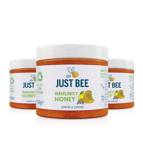 Just Bee Lemon & Ginger Immunity Honey (3 x 260g) | Pure natural honey with Vitamin D C B6 B12 and Echinacea | Raw and Unpasteurised | Vitamin Rich | For Daily Immune Support