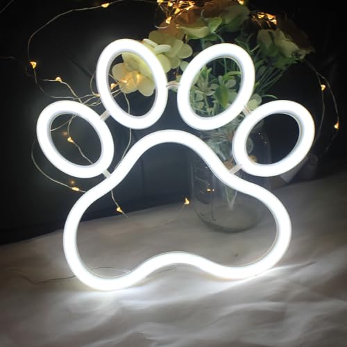 Image of Dog Cat Paw Neon Sign Paw Print Neon Sign White Neon Light for Pet Shop Pet Clinic Bedroom Wall Decor USB Powered Neon Light Wall Sign Art Decor (White)
