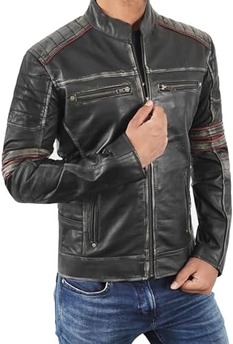 Image of Vintage Cafe Racer Leather Jacket Men Retro Motorcycle Racing Jacket