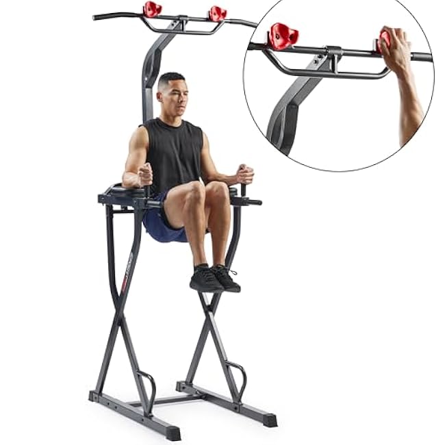 Sunny Health & Fitness Power Tower, Dip Bar, Push-Up & Pull Up Assisting Parallette Station w Optional Rock Climbing Grip Trainer