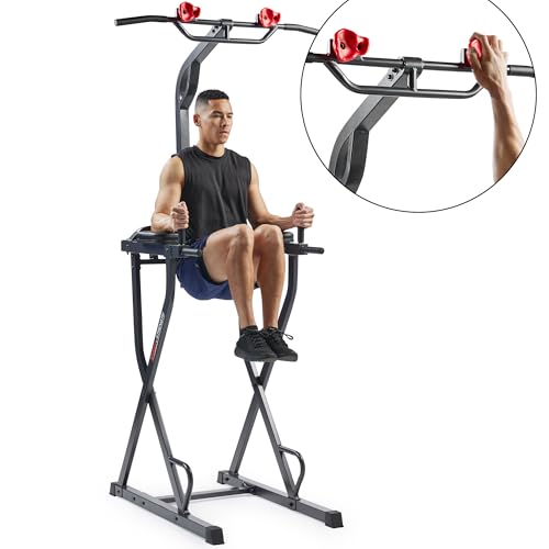 Sunny Health & Fitness Power Tower, Dip Bar, Push-Up & Pull Up Assisting Parallette Station w Optional Rock Climbing Grip Trainer