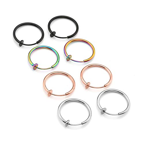 Jovivi 8pcs 14G Non-Piercing Septum Jewelry Fake Nose Ring Hoop Septum Clip on Spring Faux Lip Ring Cartilage Helix Earrings Body Jewelry Hoop 16mm