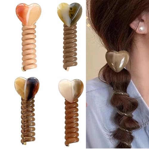 4 Piece Spiral Phone Cable Headbands, Heart Decor Phone Wire Hair Gums for Thick Hair, No Damage Coil Cable Gum, Accessories for women