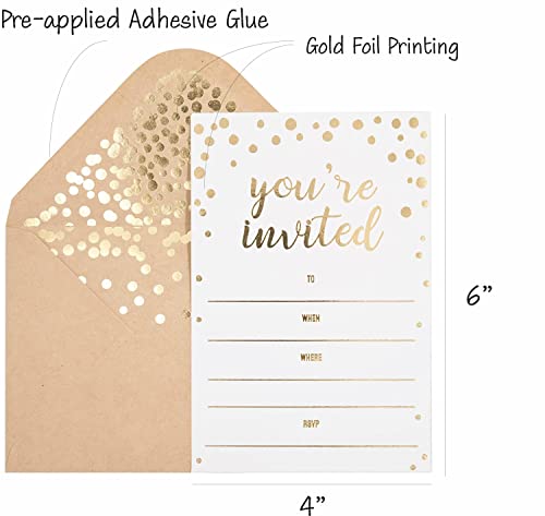 50 Pack Invitation Card - Elegant Greeting Cards ‘’You Are Invited’’ In Gold Foil Letters – For Wedding, Bridal Shower, Baby Shower, Birthday Invitations - 52 Kraft Envelopes Included - 4" X 6" #TOP1