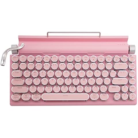 Adventurers Typewriter Keyboard,Bluetooth Wireless Keyboard with 83 Keys Hot Swappable Blue Switch/Round Keycaps/White Backlit/Compact 75% Layout Wired Keyboard for Windows/Mac/PC/Laptop/ipad,Pink Cover
