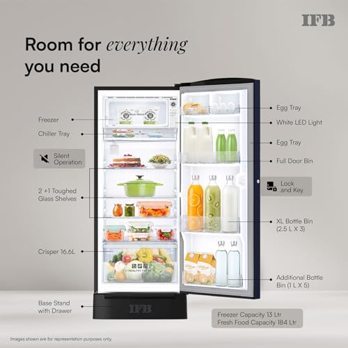 Image of IFB 197L 5 Star Advanced Inverter Direct-Cool Single Door Refrigerator with 30 Hrs Cooling Retention, Big Vegetable Box, 4 Year Super Warranty & Base Stand (2026,IFBDC-223EYBNED,Divine Bliss Blue)
