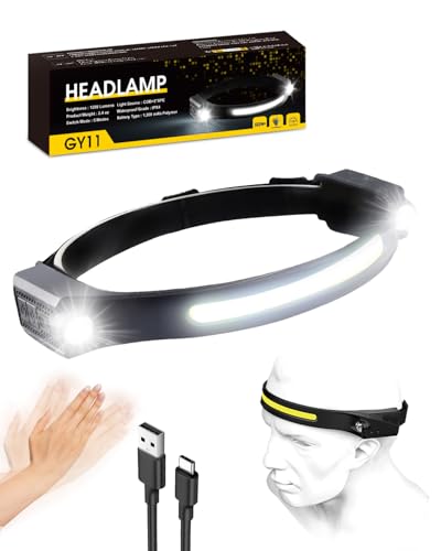 Stirnlampe LED Wiederaufladbar, Superhell 1200 Lumen Sensor Stirnlampe, 2 Spot Light 230° COB kopflampe mit 5 Lichtmodi, 12 Stunden Laufzeit, IPX4 Wasserdicht, Perfekt zum Joggen, Campen(1 Stück) Stirnlampe LED Wiederaufladbar, Superhell 1200 Lumen Sensor Stirnlampe, 2 Spot Light 230° COB kopflampe mit 5 Lichtmodi, 12 Stunden Laufzeit, IPX4 Wasserdicht, Perfekt zum Joggen, Campen(1 Stück)