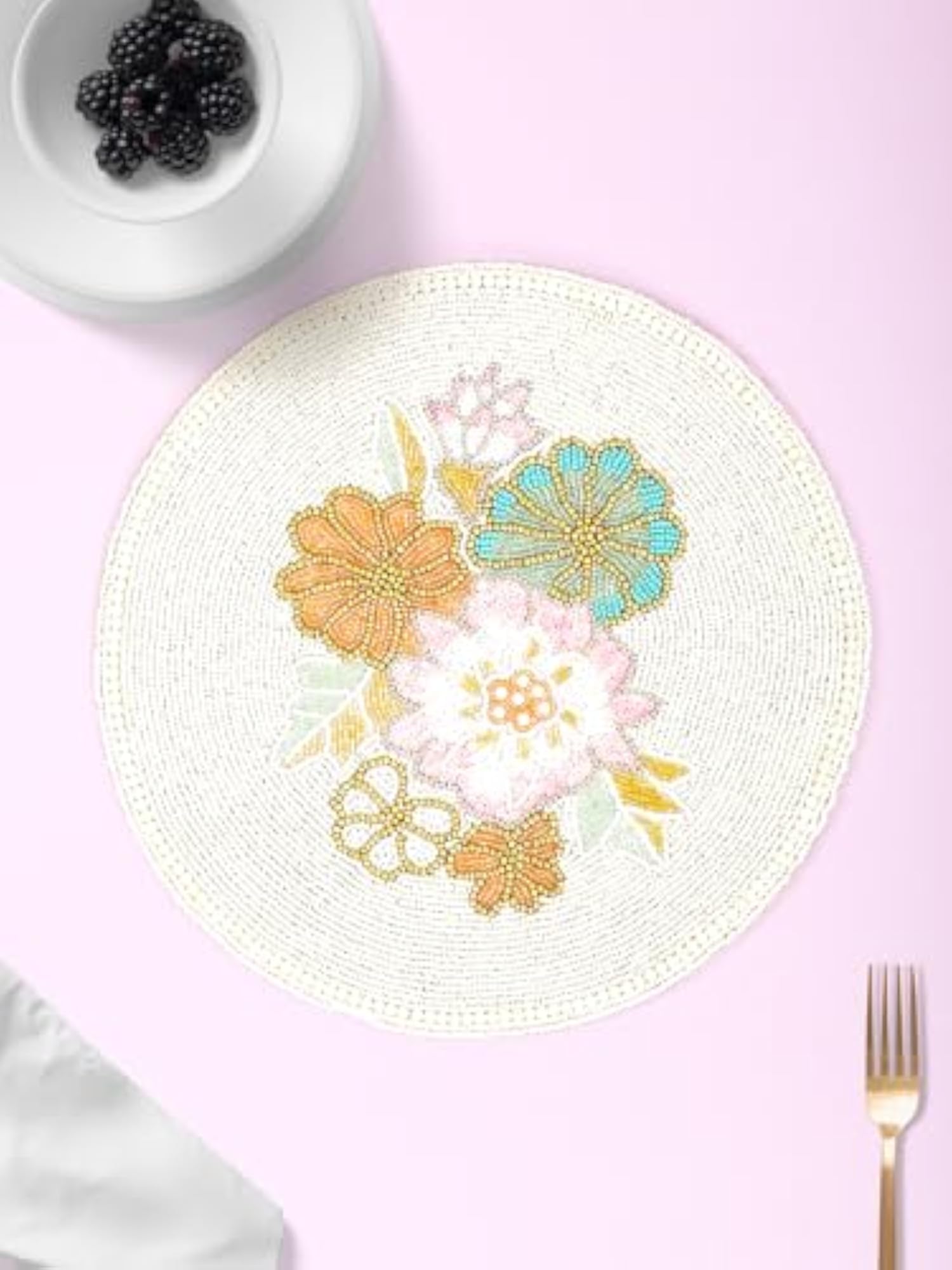 Beaded Polyester Placemat for Dining Table, White Pastel Flower Design