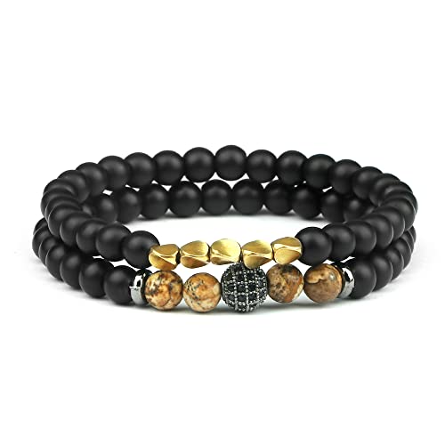 Bracelet Perles Oeil de Tigre Lave Roche Noir Onyx Boule Yoga Mala Homme Femme 2pc