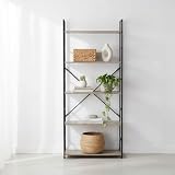 Librería estrecha de alta capacidad: Esta estantería metálica MOBLEKIT con cinco estantes de madera en acabado mate y estructura negra mide 60×24×144 cm, ideal para espacios reducidos que requieren orden vertical. Su diseño sobrio encaja en oficinas, dormitorios o salas de estar, permitiendo organizar libros, carpetas o elementos decorativos con estabilidad y estilo contemporáneo.