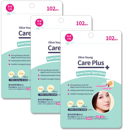 OLIVE YOUNG 3 Pack Care Plus Spot Patch 102ea (Total 306ea = 10mm 216ea + 12mm 90ea) - Acne Spot Pimple Absorbing Cover Patch, Moist Wound Dressing for Skin Trouble Acne Pimple Care Hydrocolloid Patch