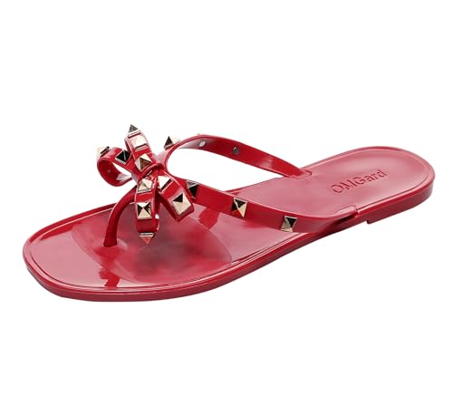 Womens Studded Sandals Bow Flip Flops Jelly Shoes Womens Beige Jellies Flat Size 7, Summer Beach Thong Slides with Rivets Dressy Slippers Slip On - Main Image