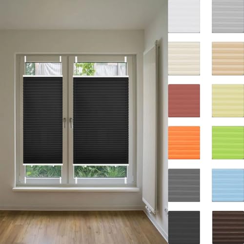 Cortina Plisada 55 x 230 cm Filtrado de Luz y Protección Visual Solar UV Estor Persiana Plisada sin Taladrar con Soportes de Sujeción para Cocina Baño Oficina Dormitorio, Negro