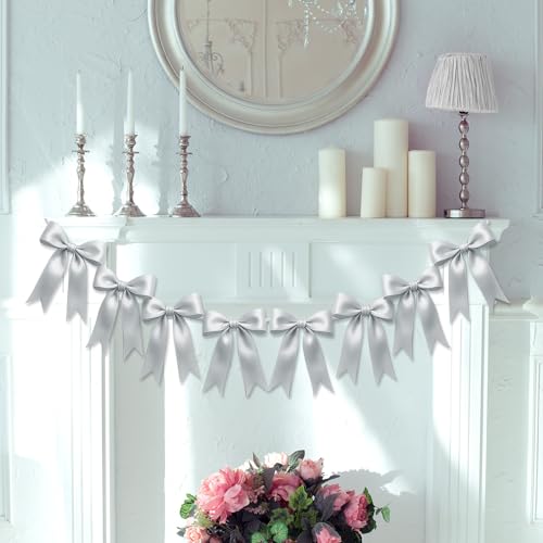 Image of 2 Strings of 16PCS Silver Bow Garlands Banner Decoration,Pre-Strung Satin Ribbon Ornaments for Birthday,Bachelorette Party,Bridal Shower,Wedding,Engagement,Baby Shower,Graduation Decor,Anniversary