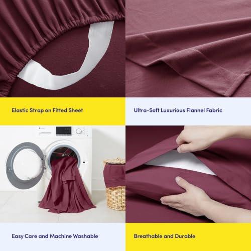 Image of Flannel Sheets Warm and Cozy Deep Pocket Breathable All Season Bedding Set with Fitted, Flat and Pillowcases, Queen, Burgundy Red