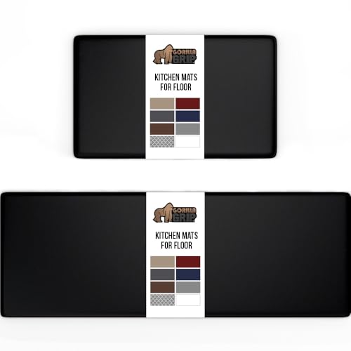 GORILLA GRIP 2 Pack Comfortable Cushioned Kitchen Mats for Floor, 17x29 + 17x59, Waterproof and Stain Resistant, 1/2 Inch Thick Soft Ergonomic Standing Desk Anti Fatigue Mat, Foam Supports Feet, Black