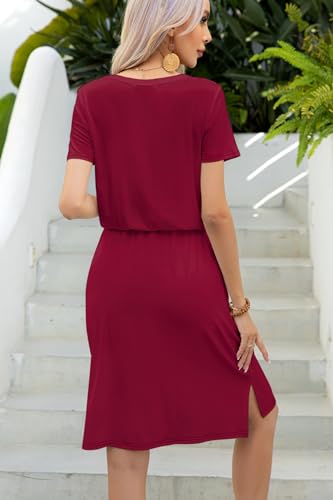 Image of levaca Womens Summer Casual Dress Belly Drawstring Beach Coverup Short Sleeve 2025 Outfit Midi Sundress with Pockets