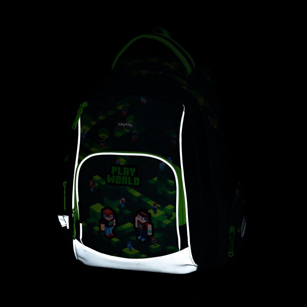 OXY GO - Mochila escolar (3 piezas, para 1 a 3ª clase: mochila ergonómica, estuche y bolsa de gimnasia), con elementos reflectantes para mayor seguridad, ideal para niños, Mundo del juego