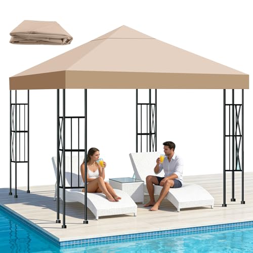 10x10 FT Replacement Top Canopy Replacement Top Gazebo Cover Single Tier Sun Shade Canopy Cover for Shop Yard Outdoors Commercial Use Gazebo Canopy Top Replacement (Khaki)
