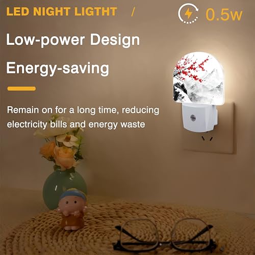 Image of Night Light, Plum Blossom and Snow Mountain Night Lights Plug into Wall Dusk to Dawn Sensor Round Nightlight for Women Men Energy Efficient Led Lamp 0.5W for Stairway Hallway Bedroom
