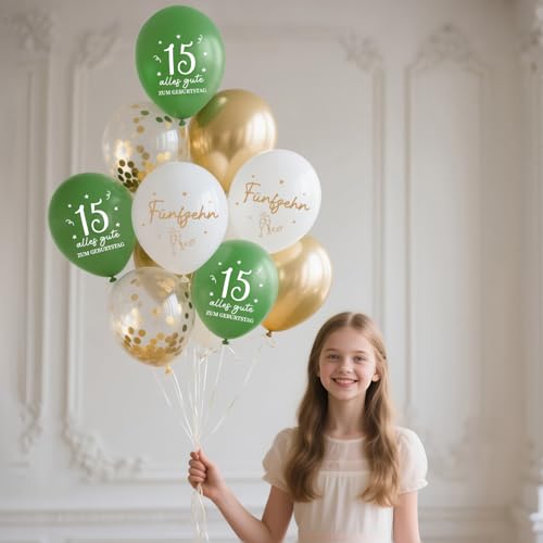 Luftballons 15 Jahre Geburtstag, 30 Stück Deko 15. Geburtstage Junge Mädchen, 15 Alles Gute zum Geburtstag Ballons, Salbeigrüne Gold 15. Geburtstagsdeko, 15th Birthday Konfetti Ballon Party