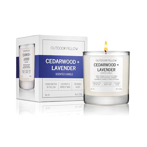 Outdoor Fellow Cedarwood + Lavender Scented Candle, Woody Floral Fragrance with Sweet Orange, Eucalyptus and Lemon, Coconut Apricot Wax, 40-50 Hour Burn Time, Reusable Glass, 8 oz