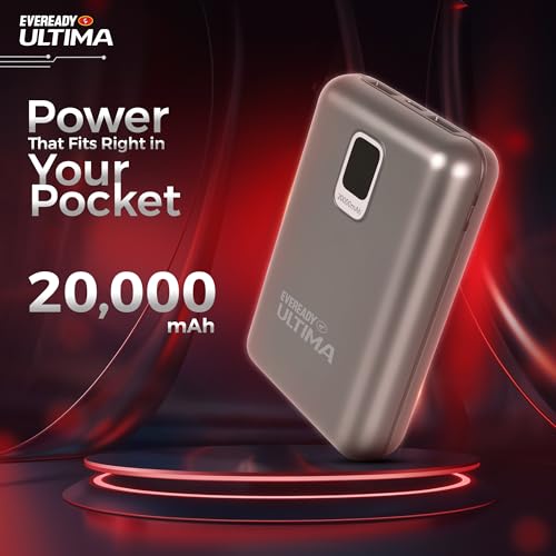 Image of Eveready Ultima Power Bank PB 21, 20,000mAh, 22.5W Fast Charging, Dual Output, USB-C & USB-A, Overcharging Protection, Compatible with iPhone, Android & Qi Devices, Includes Cable & Warranty, Grey