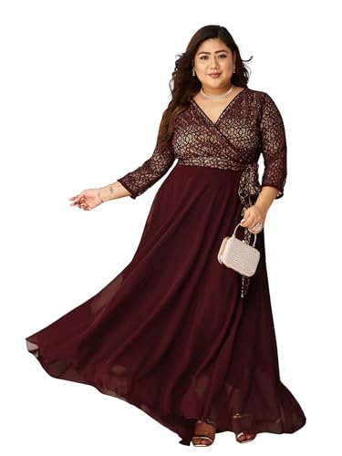 Image of Miss Chase A+ Women's Floral Printed Relaxed Fit V -Neck 3 /4Th Sleeve Georgette Maxi Dress