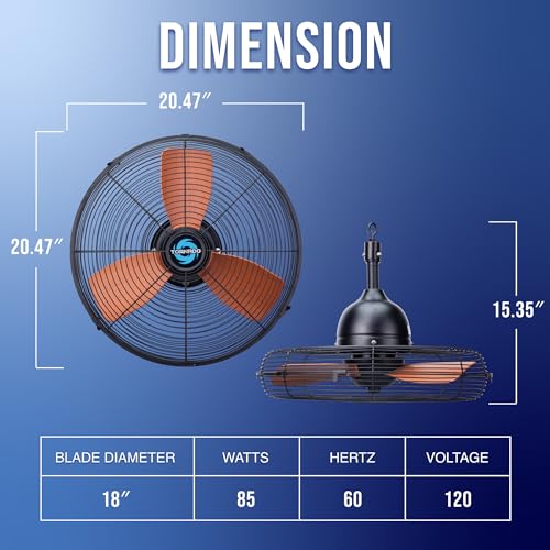 Tornado 20-Inch Outdoor Downrod Mount Ceiling Fan – IPX4 Water-Resistant, Remote Control Included, 3 Speed Settings, 3000 CFM, 10-Foot Cord, UL Safety Listed