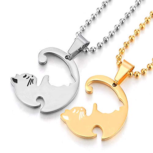 COOLSTEELANDBEYOND Pair Steel Matching Kitty Cat Friendship Pendant Necklace, Lovers Couples Friends3