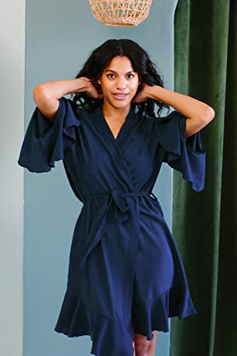 Belle's Design Women’s Ruffle Short Robe Satin Silk Kimono Style With Long Sleeve Bridesmaid Loungewear Sleepwear (One Size, Navy) #TOP1