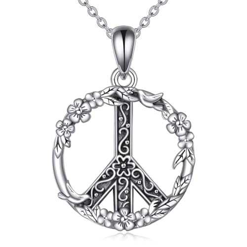 Peace Sign Necklace 925 Sterling Silver 14K White Gold Plated Peace Sign Pendant Necklace for Women