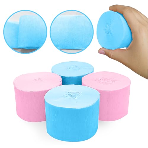 Image of 4 Crepe Paper Streamers Rolls, 328ft Pack of Pink and Blue Crepe Paper for Birthday Gender Reveal Party Decorations (1.8 inch x 82 ft /Roll)