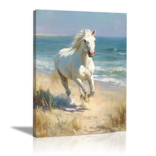 Impresión de caballo en playa sobre lienzo con marco blanco de 30cm