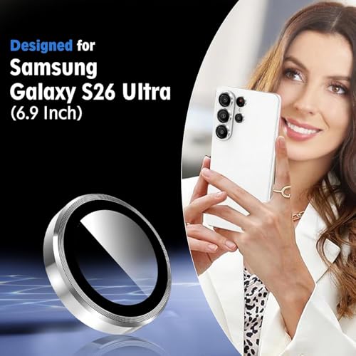 Image of Galaxy S26 Ultra Camera Protector, 9H Tempered Glass Lens Screen Protector with Metal Ring Decoration, Strong Adhesive Camera Lens Cover for Samsung Galaxy S26 Ultra-SILVER