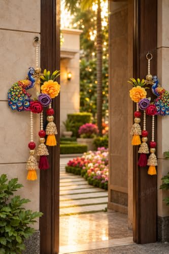 Image of Divyakosh Peacock Side Door Hanging Set of 2 for Home Entrance Decoration, Handmade Decorative Floral Door Hanging with Artificial Flowers, Pearl Bead & Tassels, Main Door Wall Decor for Diwali, Pooja