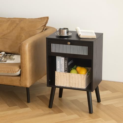 AWASEN Black Nightstand, Modern Bedside Tables with Glass Drawer, Wood Night Stand with Storage Shelf and Solid Wood Legs, Small End Tables Bedroom for Small Space, Black - Thumbnail 7